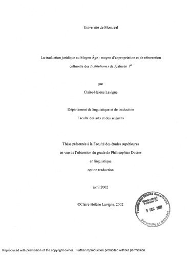 La traduction juridique au Moyen Âge: Moyen d’appropriation et de réinvention culturelle des “Institutiones” de Justinien 1er