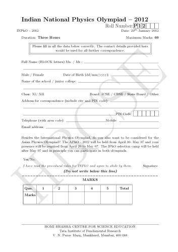 INPhO 2012 Question Paper from India Indian National Physics Olympiad