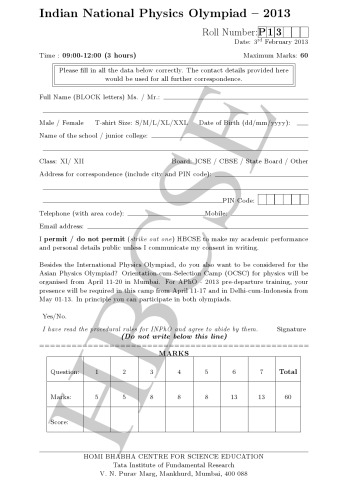 INPhO 2013 Question Paper from India Indian National Physics Olympiad