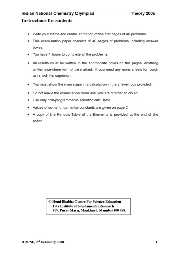 INChO 2008 Chemistry Question Paper from India Indian National Chemistry Olympiad