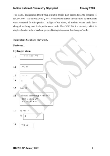 INChO 2009 Chemistry Solution from India Indian National Chemistry Olympiad