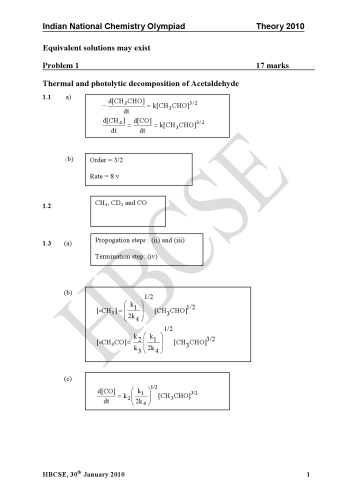 INChO 2010 Chemistry Solution from India Indian National Chemistry Olympiad