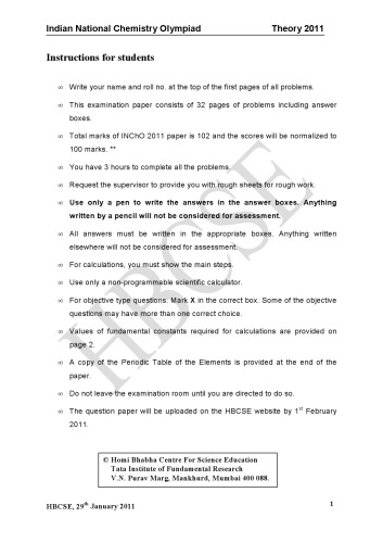 INChO 2011 Chemistry Question Paper from India Indian National Chemistry Olympiad