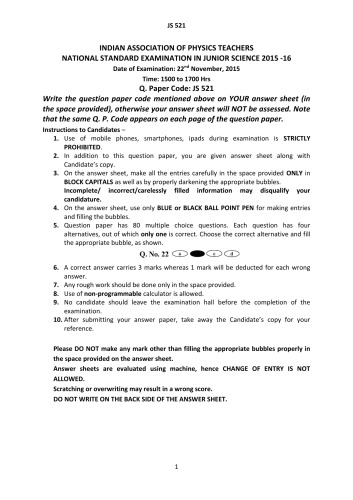 Juniorscience 2015 Question Paper JSE before NSEP NSEC from India