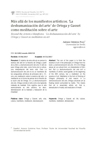 Mas allá de los manifiestos artísticos. La deshumanización del arte de Ortega y Gasset como meditación sobre el arte