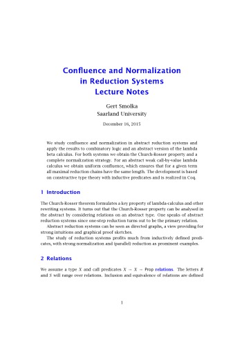 Confluence and Normalization in Reduction Systems [lecture notes]