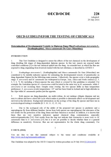 Test No. 228: Determination of Developmental Toxicity to Dipteran Dung Flies(Scathophaga stercoraria L. (Scathophagidae), Musca autumnalis De Geer (Muscidae) /±cOrganisation for Economic Co-operation and Development.