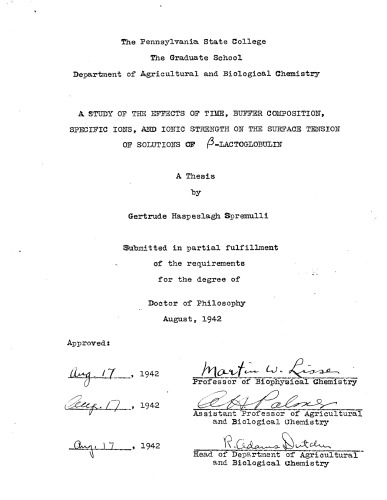 A STUDY OF THE EFFECTS OF TIME, BUFFER COMPOSITION, SPECIFIC IONS, AND IONIC STRENGTH ON THE SURFACE TENSION OF SOLUTIONS BETA-LACTOGLOBULIN