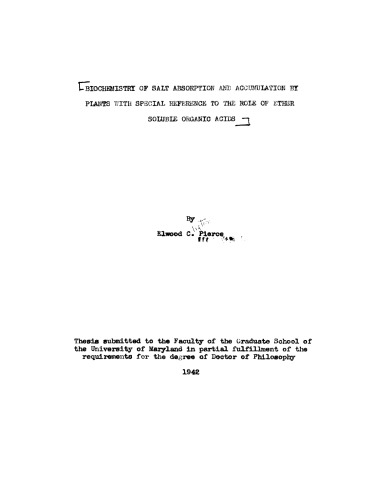 Biochemistry of salt absorption and accumulation by plants with special reference to the role of ether soluble organic acids