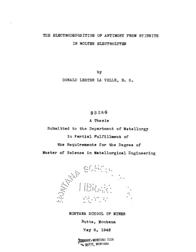 The Electrodeposition of Antimony From Stibnite in Molten Electrolytes