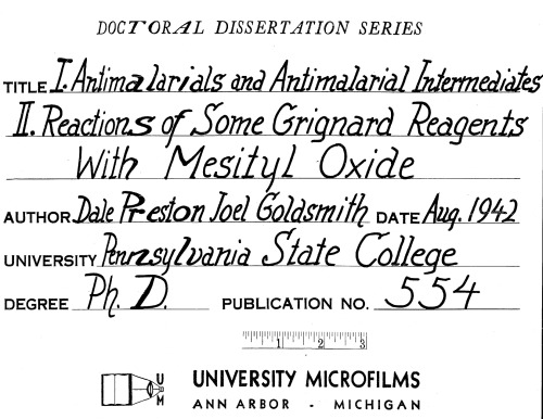 PART I. ANTIMALARIALS AND ANTIMALARIAL INTERMEDIATES PART II. REACTIONS OF SOME GRIGNARD REAGENTS WITH MESITYL OXIDE