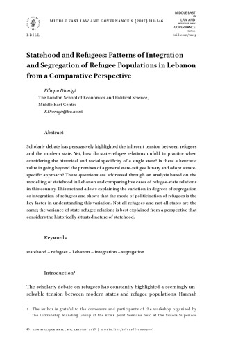 Statehood and Refugees: Patterns of Integration and Segregation of Refugee Populations in Lebanon from a Comparative Perspective