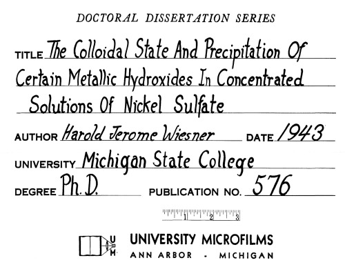 THE COLLOIDAL STATE AND PRECIPITATION OF CERTAIN METALLIC HYDROXIDES IN CONCENTRATED SOLUTIONS OF NICKEL-SULFATE