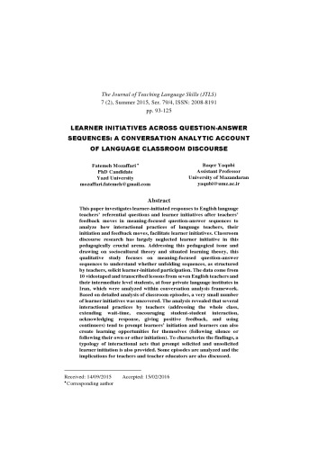 LEARNER INITIATIVES ACROSS QUESTION-ANSWER SEQUENCES: A CONVERSATION ANALYTIC ACCOUNT OF LANGUAGE CLASSROOM DISCOURSE