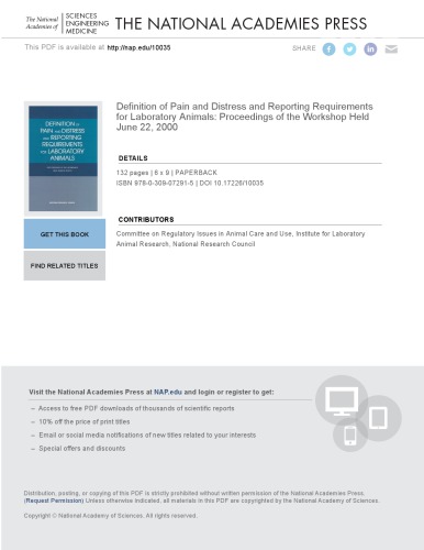 Definition of Pain and Distress and Reporting Requirements for Laboratory Animals: Proceedings of the Workshop Held June 22, 2000