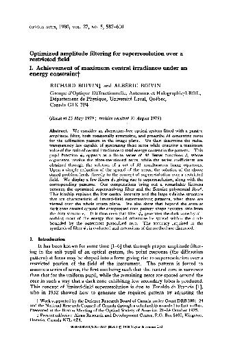 Optimized Amplitude Filtering for Superresolution Over a Restricted Field I. Achievement of Maximum Central Irradiance under an Energy Constraint