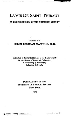 La vie de saint Thibaut : an Old French poem of the thirteenth century