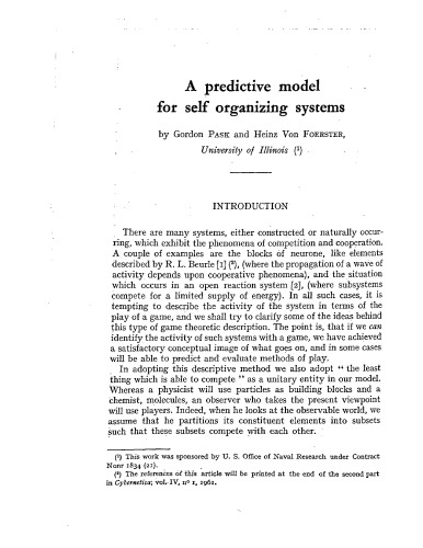 A predictive model for self organizing systems I