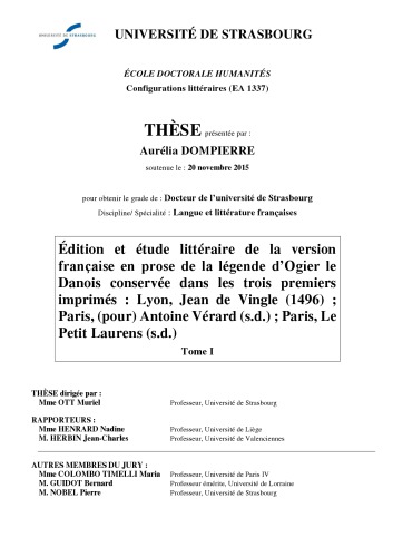 Edition et étude littéraire de la version française en prose de la légende d’ Ogier le Danois ... [thesis]