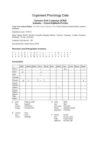 Organised Phonology Data. Kamano-Kafe Language [KBQ]. Kainantu – Eastern Highlands Province