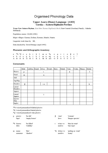 Organised Phonology Data. Upper Asaro (Dano) Language [ASO]. Goroka – Eastern Highlands Province