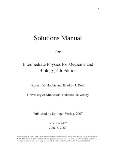 Solutions Manual for Intermediate Physics for Medicine and Biology