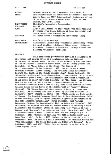 Cross-Culturalism in Children’s Literature: Selected papers from the 1987 International Conference of the Children’s Literature Association (Carleton University, Ottawa, Canada, May 14-17, 1987)