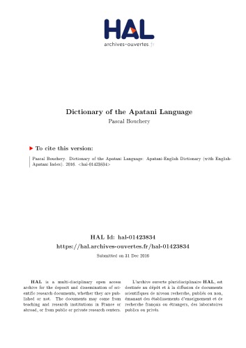 Dictionary of the Apatani Language: Apatani-English Dictionary (with English-Apatani Index)