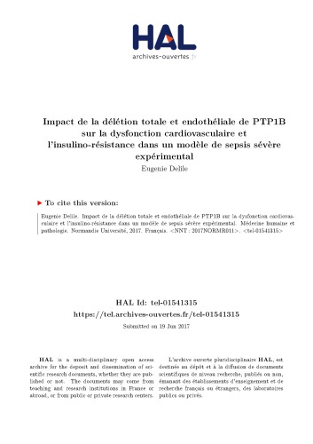 Impact de la délétion totale et endothéliale de PTP1B sur la dysfonction cardiovasculaire et l’insulino-résistance dans un modèle de sepsis sévère expérimental