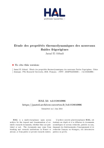 Etude des propriétés thermodynamiques des nouveaux fluides frigorigènes