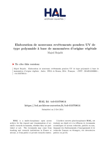 Elaboration de nouveaux revêtements poudres UV de type polyamide à base de monomères d’origine végétale