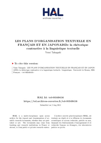 LES PLANS D’ORGANISATION TEXTUELLE EN FRANÇAIS ET EN JAPONAISDe la rhétorique contrastive à la linguistique textuelle