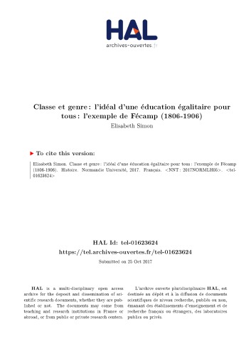 Classe et genre : l’idéal d’une éducation égalitaire pour tous : l’exemple de Fécamp (1806-1906)