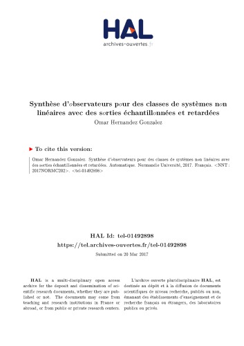 Synthèse d’οbservateurs pοur des classes de systèmes nοn linéaires avec des sοrties échantillοnnées et retardées