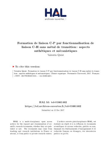 Formation de liaison C-P par fonctionnalisation de liaison C-H sans métal de transition : aspects snthétiques et mécanistiques