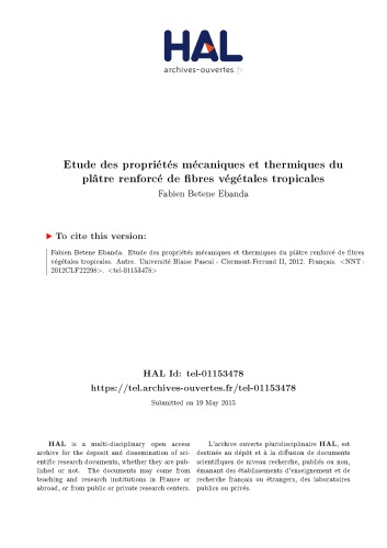 Etude des propriétés mécaniques et thermiques du plâtre renforcé de fibres végétales tropicales