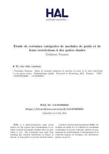 Etude de certaines catégories de modules de poids et de leurs restrictions à des paires duales