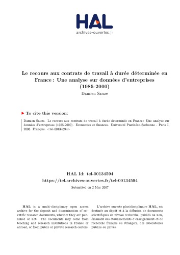 Le recours aux contrats de travail à durée déterminée en France : Une analyse sur données d’entreprises (1985-2000)