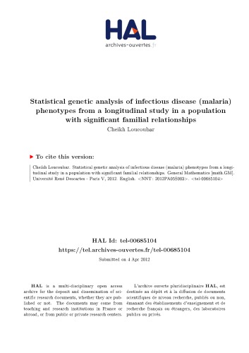 Méthodes statistiques génétiques pour l’étude des phénotypes de maladies infectieuses (paludisme) à partir de données de suivi longitudinal obtenues dans des cohortes familiales