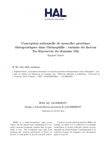 Conception rationnelle de nouvelles protéines thérapeutiques dans l’hémophilie : variants du facteur Xa dépourvus du domaine Gla