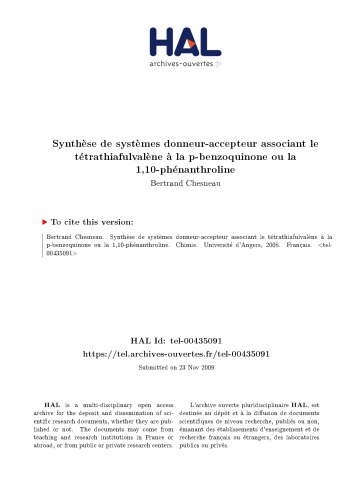 Synthèse de systèmes donneur-accepteur associant le tétrathiafulvalène à la p-benzoquinone ou la 1,10-phénanthroline