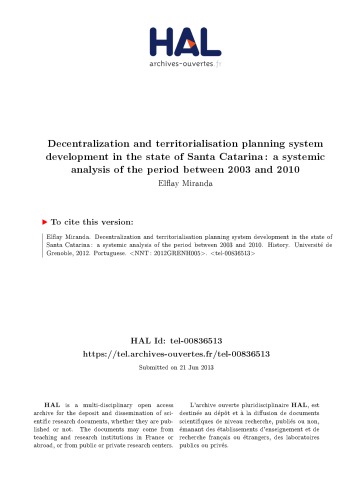 Décentralisation et territorialisation du système de planification du développement dans l’état de Santa Catarina : une analyse systémique de la période 2003-2010