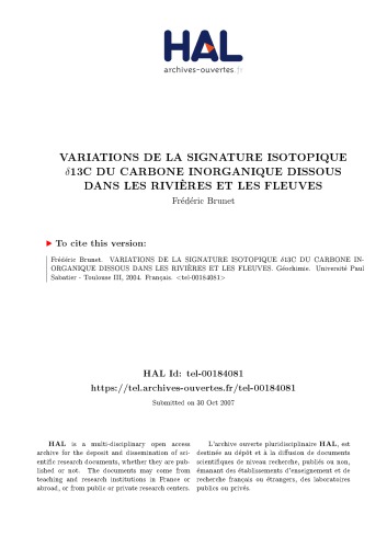 VARIATIONS DE LA SIGNATURE ISOTOPIQUE δ13C DU CARBONE INORGANIQUE DISSOUS DANS LES RIVIÈRES ET LES FLEUVES