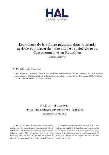 Les valeurs de la culture paysanne dans le monde agricole contemporain : une enquête sociologique en Carcassonnais et en Roussillon