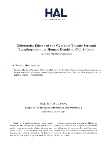 Effets différentiels de la cytokine lymphopoietine stromale thymique sur les sous-populations de cellules dendritiques humaines