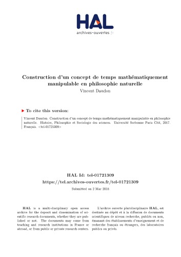 Construction d’un concept de temps mathématiquement manipulable en philosophie naturelle