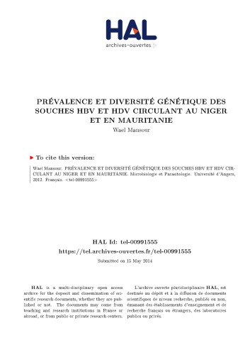 PRÉVALENCE ET DIVERSITÉ GÉNÉTIQUE DES SOUCHES HBV ET HDV CIRCULANT AU NIGER ET EN MAURITANIE