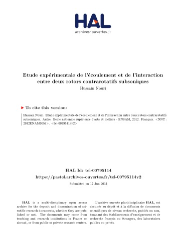 Etude expérimentale de l’écoulement et de l’interaction entre deux rotors contrarotatifs subsoniques