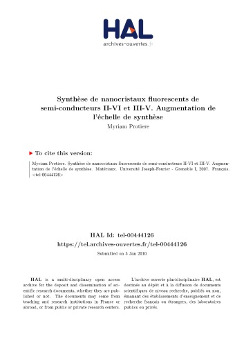 Synthèse de nanocristaux fluorescents de semi-conducteurs II-VI et III-V. Augmentation de l’échelle de synthèse