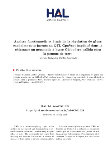 Analyse fonctionnelle et étude de la régulation de gènes candidats sous-jacents au QTL GpaVspl impliqué dans la résistance au nématode à kyste Globodera pallida chez la pomme de terre